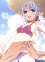 Rule 34 | 1girl, :d, absurdres, bikini, blue eyes, breasts, cleavage, dengeki moeou, from below, hat, highres, jewelry, long hair, nanase meruchi, navel, necklace, open mouth, outstretched arms, red bikini, sarong, scan, silver hair, smile, solo, strap gap, sun hat, swimsuit, wristband