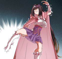 Rule 34 | 1girl, arm up, bow, breasts, bright pupils, brown hair, bulging eyes, center frills, clenched teeth, cloak, commentary request, detached sleeves, failure, fate/grand order, fate (series), frills, gradient hair, hairband, hood, hood down, hooded cloak, kneehighs, large breasts, leg up, long hair, looking up, multicolored hair, no nose, no shoes, open hand, osakabehime (fate), parody, pink cloak, pleated skirt, pom pom (clothes), purple bow, purple skirt, red eyes, ribbon-trimmed sleeves, ribbon trim, shaded face, skirt, socks, solo, split, stretching, struggling, sweat, teeth, thigh grab, trembling, very long hair, white pupils, white sleeves, white socks, yakuoyoso