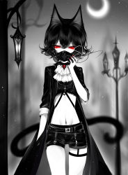 Rule 34 | 1girl, animal ears, black hair, blurry, blurry background, cat ears, cat tail, coat, crescent moon, earrings, gas mask, hair between eyes, highres, jewelry, lamppost, long coat, looking at viewer, mask, midriff, moon, navel, night, open clothes, open coat, original, red eyes, sheya, short hair, shorts, signature, solo, standing, tail