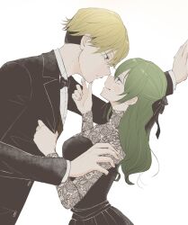 Rule 34 | 1boy, 1girl, alternate costume, alternate hairstyle, black bow, black bowtie, black suit, blonde hair, bow, bowtie, formal, from side, glasses, green hair, hana (hanauta1110), hand on another&#039;s chin, hand on wall, hand up, highres, lace dress, land (sousou no frieren), licking lips, long sleeves, muted color, noses touching, profile, shirt, short hair, smile, sousou no frieren, suit, tongue, tongue out, traditional bowtie, ubel (sousou no frieren), upper body, white shirt