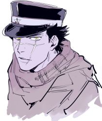 Rule 34 | 10s, 1boy, black hair, scar on face, golden kamuy, hat, male focus, manly, military, military uniform, peaked cap, scar, scar on cheek, scar on face, scar on mouth, scar on nose, scarf, sennin (inoinox), short hair, solo, sugimoto saichi, uniform, yellow eyes