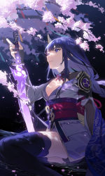 Rule 34 | 1girl, absurdres, ankle strap, black background, black thighhighs, braid, branch, breasts, bridal gauntlets, cherry blossoms, cleavage, commentary request, dated, expressionless, falling petals, flower, full body, genshin impact, geta, gloves, hair flower, hair ornament, highres, holding, holding sword, holding weapon, japanese clothes, katana, kimono, large breasts, lips, long hair, looking up, low-braided long hair, low-tied long hair, nail polish, obi, obiage, obijime, petals, petals on liquid, purple eyes, purple hair, purple kimono, purple nails, raiden shogun, ripples, sash, simple background, sitting, solo, sword, thighhighs, very long hair, vision (genshin impact), weapon, yagita (astronomie)