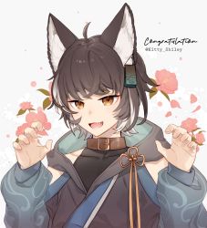 Rule 34 | 1boy, ahoge, animal ears, artist name, brown choker, brown hair, choker, crossed bangs, dog boy, dog ears, fang, fang out, flower, highres, hood, hood down, knot, kumashige, looking at viewer, multicolored hair, open mouth, original, petals, pink flower, signature, smile, solo, twitter username, two-tone hair, white background, white hair