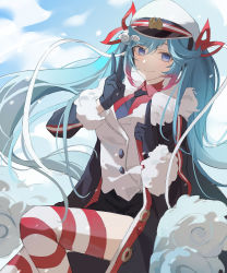 Rule 34 | 1girl, absurdres, black coat, black gloves, black necktie, blouse, blue eyes, blue sky, closed mouth, coat, collared shirt, commentary request, day, fur-trimmed coat, fur trim, gloves, hair ribbon, hands up, hat, hatsune miku, highres, index finger raised, jacket, long hair, long sleeves, looking at viewer, necktie, open clothes, open coat, peaked cap, red ribbon, red shirt, ribbon, shirt, sky, smile, solo, striped clothes, striped thighhighs, thighhighs, twintails, v, very long hair, vocaloid, white hat, white jacket, wind, yiyizi, yuki miku, yuki miku (2022)