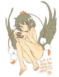 Rule 34 | 10s, 1girl, 2015, ass, barefoot, bird wings, black hair, black wings, body blush, breasts, camera, convenient censoring, convenient leg, covering privates, covering crotch, dated, feathered wings, feet, female focus, full body, groin, hat, highres, holding, holding camera, knees to chest, knees up, legs, light smile, looking at viewer, low wings, nude, numa (minus 4k), pointy ears, pom pom (clothes), red eyes, shameimaru aya, short hair, signature, simple background, sitting, small breasts, smile, solo, string, tassel, text focus, tokin hat, touhou, white background, wings
