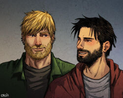 Rule 34 | 2boys, aged up, bara, beard, black hair, blonde hair, collared shirt, couple, cris art, ear piercing, eye contact, facial hair, hood, hooded jacket, hulkling, jacket, layered shirt, looking at another, male focus, marvel, mature male, multiple boys, mustache, open clothes, open jacket, piercing, shirt, short hair, sideburns, smile, thick eyebrows, upper body, wiccan, yaoi