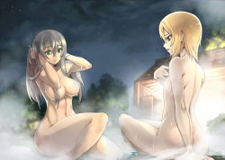 Rule 34 | 2girls, akinaie, ass, blonde hair, blush, breast envy, breasts, character request, flat chest, green eyes, grey hair, large breasts, long hair, multiple girls, navel, nude, onsen, short hair, sitting, smile, wet, yellow eyes