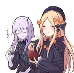 Rule 34 | 2girls, abigail williams (fate), black bow, black dress, black hat, blonde hair, blush, bow, bowl, chopsticks, closed eyes, commentary request, dress, eating, fate/grand order, fate (series), food, hair bow, hat, holding, holding bowl, holding chopsticks, lavinia whateley (fate), long hair, long sleeves, mochi, multiple girls, nigori (keydoor), open mouth, orange bow, pale skin, polka dot, polka dot bow, purple hair, red eyes, ribbed dress, short sleeves, translation request, upper body, wagashi, white background