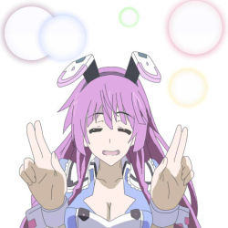 Rule 34 | 10s, 1girl, animal ears, breasts, rabbit ears, cleavage, double v, dress, closed eyes, female focus, infinite stratos, long hair, open mouth, purple hair, shinonono tabane, solo, upper body, v, white background