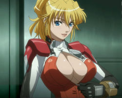 Rule 34 | 10s, 1girl, banpresto, blonde hair, breasts, center opening, cleavage, excellen browning, high ponytail, huge breasts, indoors, large breasts, looking at viewer, no bra, ponytail, screencap, solo, stitched, super robot wars, super robot wars og the inspector, super robot wars original generation, super robot wars original generation 2, third-party edit, unzipped
