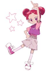 Rule 34 | 1girl, arm up, commentary, double bun, english commentary, fortissimo, full body, grey shorts, hair bun, hair ornament, hand on own hip, harukaze doremi, highres, kneehighs, looking at viewer, malan, musical note, musical note hair ornament, ojamajo doremi, outstretched arm, pink shirt, purple eyes, red hair, shirt, shoes, short bangs, short hair, short sleeves, shorts, simple background, smile, sneakers, socks, solo, standing, star (symbol), white background