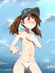 Rule 34 | 10s, 1girl, bare shoulders, blue sky, blush, brown eyes, brown hair, clenched hands, covering privates, covering breasts, cowboy shot, day, flat chest, highres, kantai collection, looking away, navel, no bra, panties, ryuujou (kancolle), sky, solo, tsushima ao, twintails, underwear, underwear only, visor cap, wavy eyes, white panties