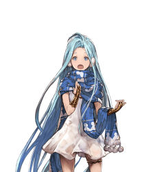 Rule 34 | 10s, 1girl, blue eyes, blue hair, dress, earmuffs, granblue fantasy, long hair, looking at viewer, lyria (granblue fantasy), matching hair/eyes, minaba hideo, open mouth, scarf, simple background, solo, thigh strap, white background, white dress
