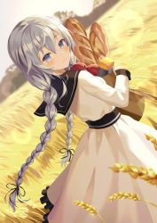 Rule 34 | 1girl, apple, bag, baguette, black ribbon, blue eyes, blurry, blurry background, blush, braid, bread, breasts, closed mouth, commentary request, day, dress, dutch angle, expressionless, feet out of frame, food, fruit, grocery bag, hair between eyes, hair ribbon, highres, holding, hyonee, lens flare, long hair, long sleeves, looking at viewer, low twintails, mushoku tensei, outdoors, ribbon, roxy migurdia, shopping bag, sky, small breasts, solo, standing, twin braids, twintails, very long hair, wheat field, white dress