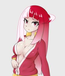 Rule 34 | 10s, 1girl, akiba&#039;s trip, akiba&#039;s trip the animation, breasts, cleavage, drawfag, highres, jacket, long hair, looking at viewer, mayonaka matome, multicolored hair, naked jacket, red eyes, red hair, solo, sweat, track jacket, unzipping, upper body, white hair