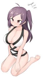 Rule 34 | 1girl, absurdres, ahoge, brown hair, casual one-piece swimsuit, hagikaze (kancolle), highres, kantai collection, long hair, maru (marg0613), one-hour drawing challenge, one-piece swimsuit, one side up, purple hair, simple background, sitting, solo, swimsuit, two-tone swimsuit, wariza, white background, white one-piece swimsuit
