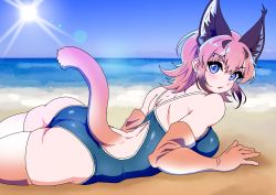 Rule 34 | 1girl, absurdres, alternate costume, animal ear fluff, animal ears, ass, beach, blue eyes, blue one-piece swimsuit, blue sky, blush, breasts, broad shoulders, caracal (kemono friends), caracal ears, caracal tail, competition swimsuit, day, detached sleeves, extra ears, eyelashes, female focus, from side, gloves, highres, kemono friends, large breasts, looking at viewer, lying, mamiyama, ocean, on stomach, one-piece swimsuit, open mouth, orange hair, orange tail, outdoors, sand, short hair, sky, solo, sun, sun glare, swimsuit, tail, thighhighs, thighs, upper body, zettai ryouiki