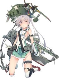 Rule 34 | 10s, 1girl, :&lt;, aircraft, airplane, akitsushima (kancolle), anchor, breasts, bridal garter, crane (machine), damaged, earrings, full body, grey eyes, h8k, hat, headgear, jewelry, kantai collection, kneeling, machinery, military, military uniform, mini hat, miniskirt, nishikitaitei-chan, official art, one eye closed, seaplane, shizuma yoshinori, side ponytail, silver hair, skirt, solo, thigh strap, thighhighs, torn clothes, torn thighhighs, transparent background, turret, uniform