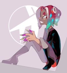 Rule 34 | 1girl, amakusa (hidorozoa), black footwear, black shirt, boots, earrings, fingernails, from side, grey background, jewelry, long sleeves, looking at viewer, male focus, nintendo, octoling, octoling boy, octoling player character, red eyes, red hair, shirt, sitting, smile, solo, splatoon (series), splatoon 2, tentacle hair, tentacles, thick eyebrows