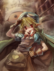 Rule 34 | 1girl, bag, blue hat, bow, brown background, cape, edobox, goggles, goggles on head, hand on own hip, hat, marivel armitage, pointy ears, ribbon, satchel, solo, vampire, wild arms, wild arms 2