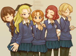 Rule 34 | 5girls, arms behind back, artist name, assam (girls und panzer), black neckwear, black pantyhose, black ribbon, blonde hair, blue eyes, blue skirt, blue sweater, braid, brown eyes, brown hair, character name, closed eyes, closed mouth, commentary, darjeeling (girls und panzer), dated, dress shirt, emblem, english text, engrish text, gesture, girls und panzer, grey background, hair ornament, hair over shoulder, hair pulled back, hair ribbon, hairclip, hand on another&#039;s shoulder, hands in pockets, happy birthday, holding, leaning forward, light smile, long hair, long sleeves, looking at another, looking at viewer, medium hair, miniskirt, multiple girls, necktie, open mouth, orange hair, orange pekoe (girls und panzer), pantyhose, parted bangs, parted lips, pleated skirt, ranguage, red hair, ribbon, rosehip (girls und panzer), rukuriri (girls und panzer), school uniform, shirt, short hair, signature, simple background, single braid, skirt, smile, st. gloriana&#039;s (emblem), st. gloriana&#039;s school uniform, standing, sweater, tearing up, tessaku ro, twin braids, v-neck, white shirt, wing collar