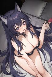 Rule 34 | 1girl, :d, absurdres, animal ear fluff, animal ears, bare shoulders, bikini, black bikini, black hair, blush, breasts, broken, broken chain, chain, cleavage, collar, collarbone, commentary request, condom, condom wrapper, delta (kage no jitsuryokusha ni naritakute!), feet out of frame, from above, highres, holding, holding condom, hundun no bifang, kage no jitsuryokusha ni naritakute!, large breasts, long hair, looking at viewer, looking up, on bed, open mouth, pillow, purple eyes, sitting, smile, solo, strapless, strapless bikini, swimsuit, very long hair, wolf ears, wolf girl
