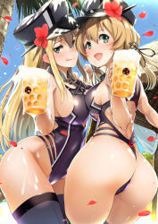 Rule 34 | 10s, 2girls, alcohol, anchor, anchor hair ornament, ass, asymmetrical docking, beach, beer, beer mug, bismarck (kancolle), blonde hair, blush, breast press, breasts, collar, cross, cup, day, detexted, flower, green eyes, hair between eyes, hair flower, hair ornament, hat, highres, iron cross, kantai collection, large breasts, long hair, looking at viewer, medium breasts, mug, multiple girls, nylon (nylon 100%), one-piece swimsuit, open mouth, outdoors, palm tree, peaked cap, petals, prinz eugen (kancolle), purple one-piece swimsuit, sideboob, straight hair, swimsuit, thighhighs, third-party edit, tongue, tongue out, tree, twintails, wet
