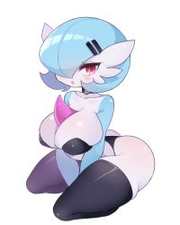 Rule 34 | 1girl, aliceyawnin, alternate color, black bra, black panties, black thighhighs, blue hair, blue skin, blush, bob cut, bra, breasts, collar, collarbone, colored skin, commission, creatures (company), dr. voir (nanosheep), female focus, game freak, gardevoir, gen 3 pokemon, hair ornament, hair over one eye, hairclip, highres, kneeling, large breasts, multicolored skin, nintendo, open mouth, panties, pokemon, pokemon (creature), red eyes, shiny pokemon, shiny skin, short hair, simple background, sitting, skindentation, solo, strapless, strapless bra, thighhighs, thong, two-tone skin, underwear, underwear only, v arms, white background, white skin