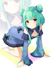 Rule 34 | 1girl, absurdres, all fours, arm support, bare shoulders, blue dress, bug, butterfly, closed mouth, clothing cutout, commentary request, double bun, dress, frilled dress, frills, full body, green hair, green nails, hair bun, highres, hololive, insect, long hair, long sleeves, looking at viewer, meng ge 3 (565571710), nail polish, no shoes, red eyes, shoulder cutout, sidelocks, skull, sleeves past wrists, smile, socks, solo, uruha rushia, uruha rushia (1st costume), very long hair, virtual youtuber, white socks, zoom layer
