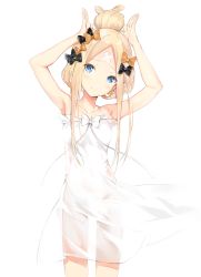 Rule 34 | 1girl, abigail williams (fate), abigail williams (traveling outfit) (fate), armpits, arms up, bare arms, bare shoulders, black bow, blonde hair, blue eyes, blush, bow, breasts, closed mouth, commentary request, cowboy shot, dress, fate/grand order, fate (series), hair bow, hair bun, head tilt, highres, long hair, looking at viewer, orange bow, parted bangs, polka dot, polka dot bow, see-through, see-through silhouette, silver (chenwen), simple background, single hair bun, sleeveless, sleeveless dress, small breasts, smile, solo, very long hair, white background, white bow, white dress