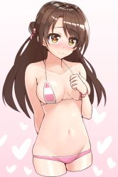 Rule 34 | 10s, 1girl, arm behind back, bikini, black hair, blush, bracelet, breasts, brown eyes, brown hair, cleavage, clenched hand, closed mouth, cowboy shot, cropped legs, embarrassed, gradient background, gradient eyes, groin, hair intakes, hair ornament, hand up, heart, heart-shaped pupils, heart background, highres, idolmaster, idolmaster cinderella girls, jewelry, light smile, long hair, lowleg, lowleg bikini, medium breasts, micro bikini, multicolored eyes, navel, nose blush, one side up, parted bangs, pink background, pink bikini, raised eyebrows, shimamura uzuki, shunichi, sideboob, sile, skindentation, smile, solo, striped bikini, striped clothes, swimsuit, symbol-shaped pupils, white bikini