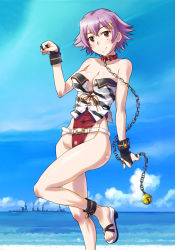 Rule 34 | 1girl, adapted costume, bare shoulders, belt, black gloves, blue sky, blush, breasts, chain, cleavage, closed mouth, cloud, cruiser, day, gloves, kantai collection, large breasts, looking at viewer, military, military vehicle, ocean, one-piece swimsuit, paw pose, purple hair, red eyes, sameha ikuya, sandals, ship, short hair, sky, smile, solo, standing, swimsuit, tama (kancolle), tama kai ni (kancolle), warship, watercraft