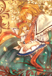 Rule 34 | 1girl, absurdres, alice margatroid, apron, blonde hair, blue eyes, bow, capelet, hugging doll, dress, closed eyes, floral background, hair bow, hairband, highres, long hair, looking at viewer, melon115, mixed media, hugging object, orange background, painting (medium), profile, puffy short sleeves, puffy sleeves, ribbon, sash, shanghai doll, short hair, short sleeves, smile, solo, touhou, traditional media, waist apron, watercolor (medium)