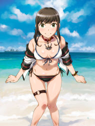 Rule 34 | 1girl, adapted costume, alternate costume, beach, bikini, black hair, blouse, blue sky, blush, breasts, cleavage, closed mouth, cloud, day, destroyer, fubuki (kancolle), fubuki kai ni (kancolle), gluteal fold, green eyes, historical name connection, kantai collection, looking at viewer, military, military vehicle, name connection, ocean, open clothes, open shirt, ponytail, sameha ikuya, school uniform, serafuku, ship, shirt, side-tie bikini bottom, sidelocks, sky, small breasts, smile, solo, swimsuit, thigh strap, warship, watercraft