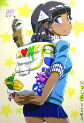 Rule 34 | !?, 1girl, arms behind back, artist name, backpack, bag, black hair, blue eyes, blue skirt, blue sweater, blush, breasts, closed mouth, commentary request, crystal (nuclear throne), dark-skinned female, dark skin, dated, del-chan, eyes (nuclear throne), fish (nuclear throne), from behind, hair ornament, heart, japanese flag, looking at viewer, looking back, medium breasts, nuclear throne, own hands together, pleated skirt, robot (nuclear throne), rogue (nuclear throne), short hair, skirt, smile, solo, star (symbol), starry background, sweater, uniform, white background, wrench, yung venuz