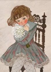 Rule 34 | 1girl, black bow, black eyes, blue dress, blunt bangs, blush, bouquet, bow, brown hair, chair, closed mouth, collar, collared dress, commentary request, cowboy shot, dress, dress flower, eyelashes, fishnets, flower, flower request, frilled collar, frills, hair bow, highres, holding, holding bouquet, kusunoki satomi, looking at viewer, nose blush, original, pantyhose, paper background, pink lips, rose, short dress, short hair, simple background, sitting, solo, wavy mouth, white background, white flower, white pantyhose, white rose
