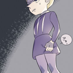 Rule 34 | 1boy, black eyes, blonde hair, clenched teeth, clothes grab, commentary request, daida, grey pantyhose, lowres, male focus, nikomi (nikomix), ousama ranking, pantyhose, purple tunic, shaded face, short hair, solo, standing, sweatdrop, teeth, translation request