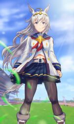 Rule 34 | 1girl, absurdres, ahoge, animal ears, black pantyhose, blue eyes, blue sailor collar, blue skirt, blue sky, blurry, blurry background, boots, cheesecake (artist), closed mouth, cloud, cloudy sky, commentary request, day, depth of field, ear ornament, frown, grey hair, hair ornament, highres, horse ears, horse girl, horse tail, jacket, legs apart, long hair, long sleeves, looking at viewer, midriff, miniskirt, navel, oguri cap (umamusume), outdoors, pantyhose, partial commentary, pleated skirt, sailor collar, shirt, single horizontal stripe, skirt, sky, solo, tail, umamusume, white footwear, white jacket, white shirt, wind