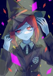 Rule 34 | 1girl, brown vest, closed mouth, collared shirt, confetti, danganronpa (series), danganronpa v3: killing harmony, dress shirt, gem hair ornament, green hat, green jacket, hands up, hat, highres, jacket, ne (ne on), open clothes, open jacket, pale skin, red eyes, shirt, sideways glance, solo, two-tone shirt, upper body, vest, witch hat, yumeno himiko