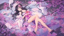 Rule 34 | 1girl, bare shoulders, bird, cherry blossoms, closed mouth, collarbone, criin (659503), feet, hair ornament, high heels, highres, japanese clothes, kanzashi, kimono, knee up, legs, light smile, long hair, looking at viewer, lying, obi, on back, one side up, original, outdoors, petals, platform clogs, pond, purple kimono, reflection, sandals, sash, shoe dangle, shoe soles, smile, solo, thighs, toes, tsurime, water