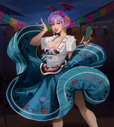 Rule 34 | 1girl, absurdres, alternate costume, blue dress, blue flower, blue rose, breasts, cleavage, dress, earrings, feet out of frame, flower, frills, hair flower, hair ornament, hands up, highres, holding, holding clothes, holding dress, jewelry, leoquezadilla, lilith aensland, looking at viewer, medium breasts, mexican dress, open mouth, print dress, purple hair, red eyes, red flower, red rose, rose, short hair, smile, solo, vampire (game)