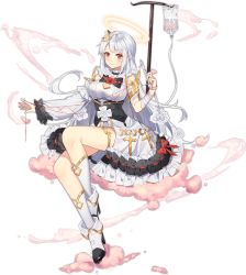 Rule 34 | 1girl, angel, ark order, artist request, bandaged arm, bandages, black bow, blood, blood bag, boots, bow, braid, breasts, cloud, cross, detached sleeves, dress, flower, frilled dress, frills, full body, hair flower, hair ornament, halo, intravenous drip, large breasts, long hair, official art, pincers (tool), raphael (ark order), red flower, red rose, rose, sidelocks, single sleeve, sitting, smoke, socks, solo, string, string of fate, surgical scissors, syringe, tachi-e, thighlet, transparent background, very long hair, white dress, white flower, white footwear, white hair, white rose, white socks