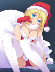 Rule 34 | 1girl, bare shoulders, blonde hair, blue eyes, breasts, christmas, cleavage, gloves, hand on own face, hat, highres, kawaty, large breasts, looking at viewer, original, red gloves, sack, santa costume, santa hat, scarf, short hair, sitting, smile, solo, thighhighs, white scarf, white thighhighs