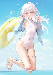 Rule 34 | 1girl, ankle ribbon, bare shoulders, blue jacket, blue sky, blush, breasts, casual one-piece swimsuit, covered navel, day, full body, groin, highres, holding, innertube, jacket, jumping, leg ribbon, long hair, long sleeves, mignon, nail polish, off shoulder, one-piece swimsuit, open clothes, open jacket, original, outdoors, parted lips, purple eyes, ribbon, sandals, shiro-chan (mignon), silver hair, skindentation, sky, small breasts, solo, sparkle, swim ring, swimsuit, thigh gap, thigh strap, toenail polish, toenails, triangle mouth, water drop, white one-piece swimsuit, white ribbon, yellow nails