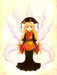 Rule 34 | 1girl, aura, black skirt, blonde hair, chinese clothes, crescent, full body, hat, itatatata, junko (touhou), long hair, long skirt, long sleeves, open mouth, red eyes, ribbon, skirt, solo, standing, tabard, touhou, wide sleeves, yellow background, zun (style)