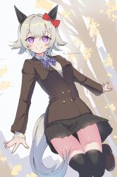 Rule 34 | 1girl, alfatyomo, alternate costume, animal ears, blush, closed mouth, commentary request, curren chan (umamusume), gluteal fold, grey hair, highres, horse ears, horse girl, horse tail, looking at viewer, purple eyes, ribbon, school uniform, simple background, smile, solo, tail, thighhighs, tree, twitter username, umamusume