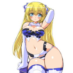 Rule 34 | 10s, 1girl, altrene, bad id, bad pixiv id, blonde hair, blue eyes, blush, breasts, busou shinki, cleavage, curvy, dd (ijigendd), elbow gloves, gloves, hip focus, large breasts, long hair, navel, smile, solo, thighhighs, white gloves, wide hips