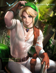 Rule 34 | 1boy, bad id, bad pixiv id, belt, blonde hair, blue eyes, collarbone, fingerless gloves, forest, gloves, green hat, hat, jewelry, link, lips, looking at viewer, male focus, nature, nintendo, outdoors, pants, pendant, pointy ears, sakimichan, see-through, shirt, sitting, solo, the legend of zelda, toned, watermark, web address, wet, wet clothes, wet shirt, white shirt