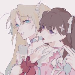 2girls bandaid bandaid_hair_ornament biting blonde_hair blue_choker blue_dress blue_eyes blue_hair brown_hair choker choker_pull commentary dress eye_contact frilled_sailor_collar frills fujishima_megumi gradient_hair hair_ornament hair_ribbon hakuchu_a_la_mode heart_o-ring highres light_blue_hair link!_like!_love_live! long_hair looking_at_another love_live! multicolored_hair multiple_girls neck_biting official_alternate_costume open_mouth osawa_rurino parted_bangs pink_choker pink_dress pipi_(m1x_mix) purple_eyes ribbon sailor_collar sailor_dress striped_ribbon twintails two_side_up upper_body virtual_youtuber white_ribbon white_sailor_collar yuri