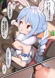 Rule 34 | 1girl, accidental exposure, animal ear fluff, animal ears, armpit crease, black gloves, black leotard, black pantyhose, blue hair, blush, braid, breasts, carrot hair ornament, chair, close-up, commentary request, computer, don-chan (usada pekora), downblouse, food-themed hair ornament, from above, full body, fur-trimmed gloves, fur scarf, fur trim, gloves, hair ornament, highres, hololive, indoors, lemon snail, leotard, long hair, looking to the side, minecraft, multicolored hair, nipples, no bra, open mouth, orange eyes, paid reward available, pantyhose, puffy nipples, rabbit-shaped pupils, rabbit ears, rabbit girl, rabbit tail, scarf, short eyebrows, sitting, small breasts, solo, strapless, strapless leotard, symbol-shaped pupils, tail, thick eyebrows, translation request, twin braids, twintails, two-tone hair, usada pekora, usada pekora (1st costume), used tissue, virtual youtuber, white hair, white scarf, window